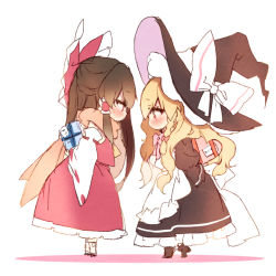 Rule 34 | 2girls, apron, arms behind back, black dress, black footwear, black headwear, blush, boots, bow, bowtie, box, braid, brown hair, commentary request, detached sleeves, dress, eye contact, frilled apron, frills, from side, full body, hair bow, hair tubes, hakurei reimu, hat, hat bow, heart-shaped box, holding, holding box, juliet sleeves, kirisame marisa, long hair, long sleeves, looking at another, multiple girls, petticoat, pink bow, pink neckwear, piyokichi, profile, puffy sleeves, red bow, red eyes, red skirt, scarf, sidelocks, simple background, single braid, skirt, standing, touhou, two-sided fabric, two-sided headwear, white apron, white background, white bow, wide sleeves, witch hat