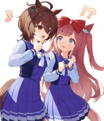 Rule 34 | !?, 2girls, agnes digital (umamusume), agnes tachyon (umamusume), animal ears, blue eyes, bow, breasts, brown hair, commentary request, hair bow, highres, horse ears, horse tail, long hair, medium breasts, medium hair, multiple girls, nu tarou (tr84635391), open mouth, pink hair, school uniform, simple background, tail, tracen school uniform, umamusume, white background
