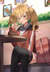 Rule 34 | 1girl, absurdres, ahoge, bag, between legs, black thighhighs, blonde hair, blue archive, blush, cake, cake slice, cup, e buki, feet out of frame, food, fork, hand between legs, highres, holding, holding fork, jacket, long sleeves, looking at viewer, medium hair, miniskirt, painting (object), pink skirt, red jacket, school bag, sitting, skirt, solo, steam, table, thighhighs, twintails, utensil in mouth, yellow eyes, yoshimi (blue archive)