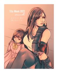 Rule 34 | 2girls, arm around shoulder, bare shoulders, black bra, black gloves, black skirt, black thighhighs, bob cut, border, bra, breasts, character name, child, collared dress, crop top, dress, elbow gloves, elbow pads, final fantasy, final fantasy vii, final fantasy vii remake, fingerless gloves, gloves, hair between eyes, half-closed eyes, hand on another&#039;s shoulder, hand on own face, highres, large breasts, long hair, looking to the side, marlene wallace, midriff, multiple girls, neck ribbon, newwellie, orange background, pink dress, puffy short sleeves, puffy sleeves, red eyes, ribbon, shirt, short hair, short sleeves, sitting, skirt, sports bra, stairs, suspenders, thighhighs, tifa lockhart, underwear, upper body, white shirt, yellow ribbon