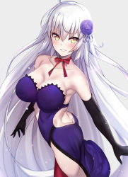 Rule 34 | 1girl, ahoge, ass, bare shoulders, black gloves, blush, breasts, butt crack, cleavage, collarbone, elbow gloves, fate/grand order, fate (series), flower, gloves, hair flower, hair ornament, highres, hip focus, jeanne d&#039;arc (fate), jeanne d&#039;arc alter (avenger) (fate), jeanne d&#039;arc alter (fate), large breasts, long hair, looking at viewer, official alternate costume, purple eyes, silver hair, simple background, smile, solo, standing, untue, very long hair, yellow eyes