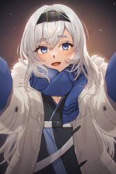 Rule 34 | azur lane, blue eyes, bon homme richard (azur lane), coat, commission, duffel coat, facing viewer, fur-trimmed coat, fur trim, hair belt, hair between eyes, highres, long hair, looking at viewer, maitei roppa, meme, open clothes, open coat, outstretched arms, pixiv commission, pov, pov cheek warming (meme), reaching, reaching towards viewer, scarf, smile, thick eyebrows, white hair, winter clothes, winter coat, winter gloves