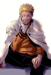 Rule 34 | 1boy, bandaged arm, bandages, blonde hair, cloak, closed eyes, crossed legs, hand on own face, male focus, naruto, naruto (series), naruto gaiden, short hair, simple background, sitting, solo, spiked hair, um-mmma, uzumaki naruto, very short hair, whiskers