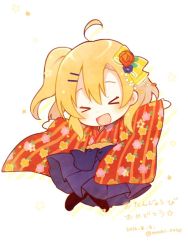 Rule 34 | &gt; &lt;, 10s, 1girl, :d, \o/, ahoge, arms up, bow, chibi, closed eyes, dated, floral print, flower, hair bow, hair flower, hair ornament, hairpin, hakama, hakama skirt, happy birthday, japanese clothes, kimono, kosaka honoka, love live!, love live! school idol project, one side up, open mouth, orange hair, outstretched arms, sakuramochi n, skirt, smile, solo, star (symbol), twitter username, wide sleeves, xd
