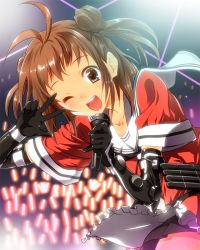 Rule 34 | 10s, 1girl, antenna hair, brown eyes, brown hair, double bun, idol, kantai collection, looking at viewer, microphone, naka (kancolle), open mouth, short hair, skirt, smile, solo, wink, yuto (dialique)