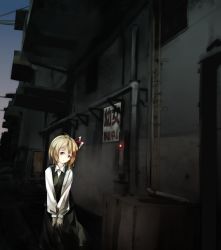 Rule 34 | 1girl, black skirt, black vest, blonde hair, blouse, building, cowboy shot, gorilla (bun0615), hair ribbon, head tilt, industrial, industrial pipe, looking at viewer, night, outdoors, own hands together, red eyes, ribbon, rumia, shirt, short hair, sign, skirt, solo, tareme, touhou, v arms, vest, white shirt, window