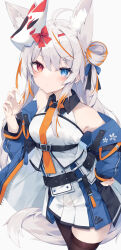 Rule 34 | 1girl, ahoge, animal ear fluff, animal ears, bare shoulders, blue eyes, blue jacket, breasts, closed mouth, collared shirt, commentary request, fox ears, fox girl, fox mask, fox tail, grey background, grey hair, hand on own hip, hand up, heterochromia, highres, jacket, long hair, long sleeves, looking at viewer, mask, mask on head, nibiiro shizuka, off shoulder, open clothes, open jacket, original, pleated skirt, puffy long sleeves, puffy sleeves, red eyes, shirt, simple background, skirt, sleeveless, sleeveless shirt, small breasts, solo, tail, thick eyebrows, very long hair, white shirt, white skirt