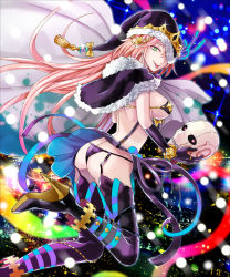 Rule 34 | 1girl, :p, argyle, ass, bikini, bow, bracelet, breasts, capelet, christmas, city, diamond (gemstone), elbow gloves, garter straps, gloves, glowing, glowing eyes, green eyes, hair between eyes, hat over one eye, high heels, holding, jewelry, kuroi nyan, large breasts, leg up, long hair, looking at viewer, looking back, official art, original, pink hair, ring, senjou no electro girl, severed head, smile, solo, star (symbol), striped clothes, striped thighhighs, swimsuit, thighhighs, thong bikini, tiara, tongue, tongue out, yellow bow