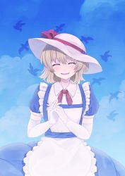 Rule 34 | 1girl, ^ ^, apron, banpeiyu, bird, blonde hair, blue dress, closed eyes, commentary request, day, dove, dress, elbow gloves, frilled apron, frills, gloves, happy, hat, hat ribbon, interlocked fingers, kana anaberal, open mouth, outdoors, puffy short sleeves, puffy sleeves, red ribbon, ribbon, short hair, short sleeves, sun hat, touhou, touhou (pc-98), white apron, white gloves, white headwear