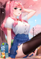 Rule 34 | 1girl, absurdres, aged up, alternate breast size, arm up, artist name, basket, black thighhighs, blue skirt, blurry, blurry background, breasts, cherry blossoms, commentary, day, doki doki literature club, dress shirt, english commentary, flower, hair ornament, hairclip, hand in own hair, highres, large breasts, long hair, looking at viewer, natsuki (doki doki literature club), open mouth, outdoors, petals, pink eyes, pink hair, pleated skirt, sasoura, school uniform, shirt, short sleeves, sitting, skirt, solo, tented shirt, thighhighs, tree, two side up, white shirt