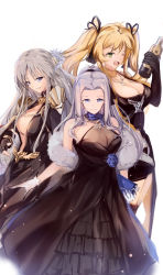 Rule 34 | 3girls, absurdres, alcohol, azur lane, bag, bare shoulders, black cape, black dress, black gloves, black skirt, blonde hair, bottle, breasts, cape, center opening, champagne, cleavage cutout, clothing cutout, criss-cross halter, dress, dress flower, elbow gloves, enterprise (azur lane), enterprise (heroic finery) (azur lane), evening gown, feather boa, feather hair ornament, feathers, fingerless gloves, gloves, green eyes, grey hair, hair ornament, halter dress, halterneck, handbag, highres, holding, holding bag, holding bottle, hornet (azur lane), hornet (bubbly anniversary!) (azur lane), jewelry, large breasts, light purple hair, long dress, long sleeves, looking at viewer, multiple girls, necklace, purple eyes, see-through, shika (shika0), simple background, skirt, twintails, white gloves, yorktown (azur lane), yorktown (evening i can&#039;t remember) (azur lane)