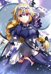 Rule 34 | 1girl, armor, armored dress, bad id, bad pixiv id, blonde hair, braid, breasts, fate/apocrypha, fate/grand order, fate (series), faulds, gauntlets, headpiece, highres, ichiren namiro, jeanne d&#039;arc (fate), jeanne d&#039;arc (ruler) (fate), long hair, looking at viewer, purple eyes, single braid, smile, solo, thighhighs, weapon