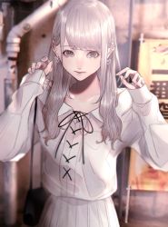 Rule 34 | 1girl, absurdres, blurry, blurry background, earrings, flat chest, hand in own hair, heart, heart earrings, highres, huge filesize, jewelry, looking at viewer, mano aaa, original, photo background, piercing, skirt, solo, white eyes, white hair, white skirt