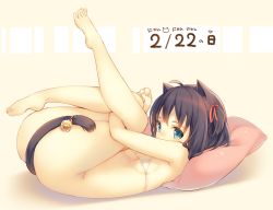 Rule 34 | 1girl, animal ears, barefoot, bell, bikini, black hair, blue eyes, breasts, cat ears, cat tail, censored, convenient censoring, dated, feet, folded, full body, hair ribbon, hugging own legs, knees to chest, legs folded, lying, md5 mismatch, on back, original, pillow, resized, resolution mismatch, ribbon, shadow, short hair, simple background, small breasts, solo, source larger, swimsuit, tail, tail bell, tail censor, tail ornament, white bikini, yamucha