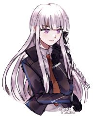 Rule 34 | 1girl, artist name, black gloves, black jacket, black ribbon, blunt bangs, braid, collared shirt, commentary, commission, danganronpa: trigger happy havoc, danganronpa (series), english commentary, gloves, hair ribbon, highres, jacket, kirigiri kyoko, long hair, long sleeves, looking down, necktie, open clothes, open jacket, pomme (lazzledazzle), purple eyes, ribbon, second-party source, shirt, side braid, silver hair, simple background, single braid, solo, thinking, upper body, white background