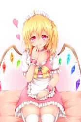Rule 34 | 1girl, :d, absurdres, adapted costume, ahoge, akkii (meragold), alternate costume, alternate headwear, apron, bad id, bad pixiv id, blonde hair, blush, bow, choker, collarbone, enmaided, female focus, flandre scarlet, heart, highres, maid, maid apron, maid headdress, open mouth, red eyes, ribbon, short hair, side ponytail, skirt, skirt set, smile, solo, thighhighs, touhou, white thighhighs, wings, wrist cuffs