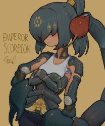 Rule 34 | 1girl, arthropod girl, arthropod limbs, brown background, claws, dark-skinned female, dark skin, extra arms, female focus, hair over eyes, hand on own hip, highres, monster girl, original, ponytail, scorpion girl, scorpion tail, signature, simple background, solo, sparrowl, stinger, tail, tank top, yellow background