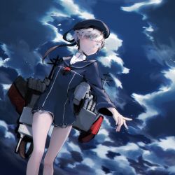 Rule 34 | 10s, 1girl, blue eyes, blue theme, clothes writing, cloud, cloudy sky, dress, from below, hat, kantai collection, long legs, outstretched arm, ribbon, sailor dress, sailor hat, short hair, sidu (dsd kgn), sky, solo, turret, turtleneck, white hair, wind, z1 leberecht maass (kancolle)