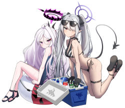 Rule 34 | 2girls, absurdres, ahoge, arm support, bare arms, bare shoulders, bikini, black-framed eyewear, black bikini, black bow, black footwear, black gloves, blue archive, blue one-piece swimsuit, blush, bow, breasts, can, cleavage, closed mouth, cooler, demon tail, eyewear on head, gloves, grey hair, hair bow, hair ornament, hair over one eye, hairclip, halo, highres, hina (blue archive), hina (swimsuit) (blue archive), ice, ice cube, innertube, iori (blue archive), iori (swimsuit) (blue archive), kneeling, long hair, multi-strapped bikini bottom, multiple girls, navel, one-piece swimsuit, otakummm, parted bangs, pink hair, pointy ears, red eyes, sandals, school swimsuit, shoe soles, side-tie bikini bottom, simple background, small breasts, sunglasses, sweat, swim ring, swimsuit, tail, twintails, very long hair, white background, white hair
