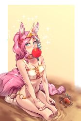 Rule 34 | 1girl, animal ears, apple, bare arms, bare legs, bare shoulders, bikini, blush, breasts, cherry, choker, cleavage, collarbone, commentary, copyright request, cornelia (shadow hearts), crab, curly hair, d-rex, food, food in mouth, fruit, hands on own thighs, highres, horse ears, horse tail, long hair, looking at viewer, medium breasts, navel, o-ring, o-ring bikini, o-ring bottom, pink hair, ponytail, sand, seiza, sidelocks, sitting, solo, sparkle, stomach, swimsuit, tail, transparent background, unicorn girl, wavy hair, yellow background