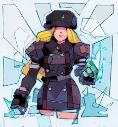 Rule 34 | action, arm up, blonde hair, clenched hand, fighting stance, hidden eyes, ice, kolin, long hair, low poly, michaelfirman, russian clothes, signature, solo, street fighter, street fighter v, winter clothes