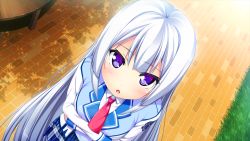 Rule 34 | 1girl, blush, breasts, crossed arms, game cg, harvest overray, long hair, looking at viewer, nironiro, open mouth, purple eyes, school uniform, skirt, small breasts, solo, standing, usume shirou, white hair