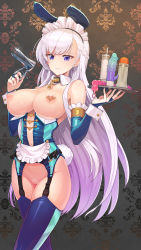 Rule 34 | 1girl, anal beads, animal ears, apron, azur lane, belfast (azur lane), braid, breasts, bridal gauntlets, brown hair, bunny girl, closed mouth, collar, commentary request, detached collar, dildo, earrings, elbow gloves, fake animal ears, fake tail, female pubic hair, fingernails, floating hair, french braid, frilled apron, frilled gloves, frills, gloves, highres, holding, holding tray, jewelry, large breasts, long hair, looking at viewer, lube, maid headdress, nipple piercing, nipples, no panties, piercing, pubic hair, purple eyes, purple gloves, purple thighhighs, pussy, rabbit ears, rabbit tail, ring, sex toy, side braid, sidelocks, smile, solo, speculum, standing, supurai, syringe, tail, thighhighs, tray, very long hair, vibrator, waist apron, wedding band, white apron, white hair, wrist cuffs