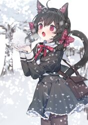 Rule 34 | 1girl, animal ears, bag, black dress, black hair, black pantyhose, blurry, blurry background, blush, bow, brown bag, cat ears, cat girl, cat tail, commentary request, commission, cowboy shot, dress, hair ornament, hairclip, highres, juliet sleeves, long sleeves, looking up, mimelond, neck ribbon, open mouth, original, outdoors, pantyhose, plaid, plaid bow, puffy sleeves, red bow, red eyes, red ribbon, ribbon, shoulder bag, skeb commission, snow, snowflakes, snowing, solo, tail, winter