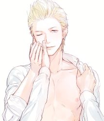 Rule 34 | 10s, blonde hair, earrings, hand on face, idolmaster, idolmaster side-m, ijuuin hokuto, jewelry, male focus, nipples, piercing, pov, undressing