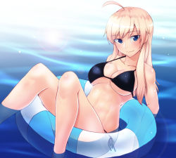 Rule 34 | 1girl, afloat, ahoge, bikini, black bikini, blonde hair, blue eyes, breasts, floating, hanna-justina marseille, innertube, large breasts, liar lawyer, long hair, looking at viewer, partially submerged, side-tie bikini bottom, smile, solo, strap gap, strike witches, swim ring, swimsuit, underboob, water, witches of africa, world witches series