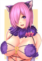 Rule 34 | 1girl, absurdres, animal ears, arms at sides, breasts, cat ears, cleavage, collarbone, fang, fate/grand order, fate (series), hair over one eye, highres, kemonomimi mode, large breasts, looking at viewer, mash kyrielight, mash kyrielight (dangerous beast), nude, official alternate costume, open mouth, pink hair, purple eyes, purple hair, short hair, smile, solo, upper body, yashichii, yellow background