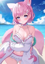 Rule 34 | 1girl, absurdres, animal ear fluff, animal ears, antenna hair, arm cutout, armlet, bare shoulders, beach, bikini, bird, blue sky, blush, bow, braid, breasts, choker, cleavage, closed mouth, cloud, cloudy sky, collarbone, commentary, day, extra ears, fingernails, frilled bikini, frilled choker, frills, green hoodie, hair bow, hair ornament, hakui koyori, hakui koyori (summer), hand on own arm, hexagon print, highres, hololive, hood, hoodie, jupiterjack8, large breasts, long sleeves, looking at viewer, medium hair, mountainous horizon, nail polish, navel, ocean, open clothes, open hoodie, outdoors, pink bow, pink choker, pink hair, pink nails, pocket, purple eyes, seagull, sky, sleeves past wrists, smile, solo, standing, stomach, sunlight, swimsuit, tail, thigh gap, thighs, two-tone choker, two-tone hoodie, virtual youtuber, water, white bikini, white choker, white hoodie, wolf ears, wolf girl, wolf tail