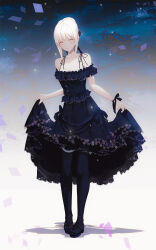 Rule 34 | 1girl, ahoge, artoria pendragon (all), artoria pendragon (fate), bare shoulders, black dress, black thighhighs, blonde hair, breasts, cleavage, dress, fate/grand order, fate (series), fov ps, hair ribbon, highres, holding, holding clothes, holding dress, looking at viewer, medium breasts, ribbon, saber (fate), saber alter, sleeveless, solo, tagme, thighhighs, yellow eyes