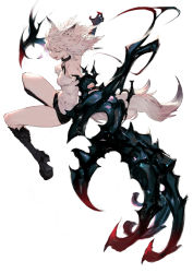 Rule 34 | 1girl, :d, animal ears, bare shoulders, black eyes, boots, breasts, claws, collar, high heels, kureta (nikogori), long hair, looking at viewer, open mouth, original, shorts, simple background, smile, solo, tail, white background, white hair