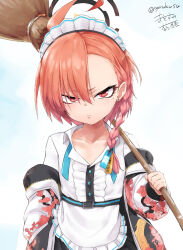Rule 34 | 1girl, ahoge, apron, blue archive, braid, broom, cheese (cheese koubou), closed mouth, gradient hair, hair between eyes, halo, hand in pocket, highres, holding, holding broom, jacket, looking at viewer, maid headdress, mole, mole under eye, multicolored hair, neru (blue archive), off shoulder, open clothes, open jacket, orange hair, red eyes, red hair, short hair, side braid, simple background, solo, twitter username, white apron