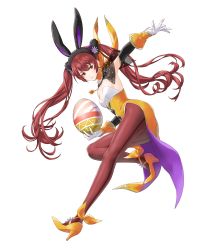Rule 34 | 1girl, animal ears, armpits, choker, closed mouth, egg, fake animal ears, female focus, fire emblem, fire emblem awakening, fire emblem heroes, gloves, hair ornament, high heels, highres, holding, kaya8, leg up, leotard, lips, long hair, looking at viewer, matching hair/eyes, nintendo, official art, pantyhose, rabbit ears, red eyes, red hair, see-through, severa (fire emblem), severa (spring) (fire emblem), sleeveless, smile, solo, strapless, strapless leotard, transparent background, twintails, yellow footwear