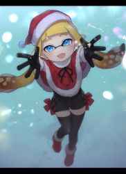 Rule 34 | 1girl, arms up, black gloves, black shorts, black thighhighs, blonde hair, blue eyes, blunt bangs, blurry, bokeh, boots, capelet, christmas, commentary, depth of field, fangs, from above, fur-trimmed capelet, fur trim, gloves, hat, inkling, inkling girl, inkling player character, lace-up, letterboxed, long hair, looking at viewer, mask, night, nintendo, open mouth, outdoors, pointy ears, reaching, red capelet, red footwear, red headwear, santa boots, santa costume, santa gloves, santa hat, short shorts, shorts, smile, snow, snowing, standing, standing on one leg, takeko spla, tentacle hair, thighhighs, twitter username