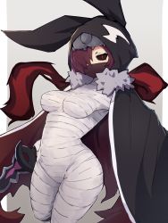 Rule 34 | 1girl, bandages, black cape, black sclera, breasts, brown hair, cape, colored sclera, commentary, fur-trimmed cape, fur trim, grey background, hair over one eye, highres, hood, hood up, looking at viewer, mask, medium breasts, mouth mask, one eye covered, red eyes, red scarf, refrain no chika meikyuu to majo no ryodan, scarf, shinobushi, simple background, solo, weapon, yonaga san