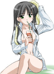 Rule 34 | 00s, 1girl, between breasts, black hair, breasts, cleavage, drink, drinking straw, drying, gad guard, green eyes, large breasts, long hair, naked shirt, navel, open clothes, open shirt, panties, popped collar, shinozuka arashi, shirt, smile, solo, towel, underwear, wet