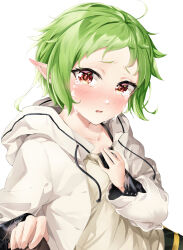 Rule 34 | 1girl, absurdres, ahoge, blush, crying, crying with eyes open, elf, green hair, highres, hood, hooded jacket, jacket, mushoku tensei, pointy ears, pov, red eyes, shirt, shirt tug, short hair, solo, sylphiette (mushoku tensei), tears, white jacket, white shirt, yumemo