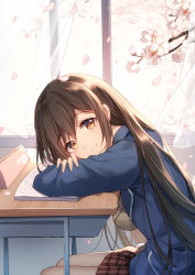 Rule 34 | 1girl, bison cangshu, blue jacket, blush, breasts, brown hair, brown skirt, chair, cherry blossoms, commentary request, curtains, desk, from side, grey pantyhose, hermes (warship girls r), highres, jacket, large breasts, long hair, long sleeves, looking at viewer, pantyhose, pleated skirt, red eyes, school chair, school desk, skirt, smile, solo, warship girls r
