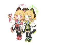 Rule 34 | 2girls, animal ear headphones, animal ears, black footwear, black skirt, black thighhighs, blonde hair, blue archive, blue necktie, blush, boots, cellphone, collared shirt, fake animal ears, full body, green eyes, green halo, halo, headphones, holding, holding phone, jacket, long sleeves, midori (blue archive), momoi (blue archive), multiple girls, necktie, ochamaru, open mouth, phone, pink footwear, pink halo, pleated skirt, red eyes, shirt, short hair, siblings, simple background, sisters, skirt, smartphone, smile, standing, thighhighs, twins, white background, white jacket, white shirt, wide sleeves