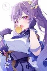 Rule 34 | !, 1girl, braid, breasts, commentary request, cone hair bun, detached sleeves, double bun, dress, food, genshin impact, gloves, hair bun, hair ornament, highres, holding, keqing (genshin impact), long hair, looking at viewer, medium breasts, open mouth, pink eyes, purple dress, purple gloves, purple hair, ringozaka mariko, short sleeves, simple background, solo, speech bubble, twintails, white background, wide sleeves