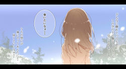 Rule 34 | 1girl, blue sky, brown hair, day, from behind, letterboxed, long hair, original, outdoors, shunsuke, sky, solo, translation request, upper body