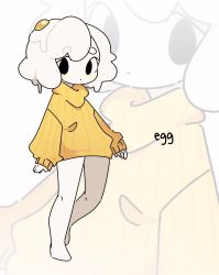 Rule 34 | 1girl, bare legs, barefoot, black eyes, dripping, egg, egg (food), egg (lemyawn), egg yolk, expressionless, food, full body, highres, lemyawn, long sleeves, looking at viewer, medium hair, monster girl, orange sweater, original, sleeves past wrists, slime girl, solo, sunny side up egg, sweater, white hair, zoom layer