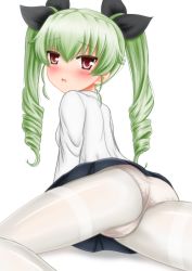 Rule 34 | 10s, 1girl, absurdres, anchovy (girls und panzer), ass, blush, breasts, drill hair, from behind, girls und panzer, green hair, hair ribbon, highres, io-catalyst, long hair, looking at viewer, looking back, panties, panties under pantyhose, pantyhose, parted lips, red eyes, ribbon, shiny clothes, skirt, solo, twin drills, twintails, underwear, upskirt, white pantyhose