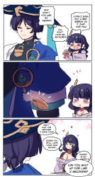 Rule 34 | 1boy, 1girl, absurdres, arms up, back, black shirt, blue gemstone, blue headwear, blue vest, blush, bow, bowtie, braid, breasts, closed eyes, closed mouth, comic, commentary, crying, crying with eyes open, dress, english commentary, english text, flower, gem, genshin impact, gold, hair between eyes, hair flower, hair ornament, hands up, hat, heart, highres, hinghoi, japanese clothes, jewelry, jingasa, kimono, large breasts, leaf, long hair, long sleeves, looking at another, looking back, mandarin collar, mother and son, necklace, off-shoulder dress, off shoulder, official alternate costume, open clothes, open mouth, open vest, pink background, pink bow, pink bowtie, pom pom (clothes), purple dress, purple eyes, purple flower, purple gemstone, purple hair, purple kimono, raiden shogun, scaramouche (genshin impact), shirt, short hair, short sleeves, simple background, smile, speech bubble, standing, tears, two-tone vest, v-shaped eyebrows, vest, vision (genshin impact), wanderer (genshin impact), white background, white vest, wide sleeves