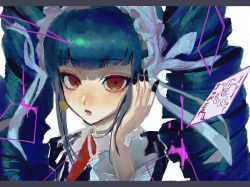 Rule 34 | 1girl, absurdres, alternate hair color, black nails, blunt bangs, blush, bonnet, border, card, celestia ludenberg, danganronpa: trigger happy havoc, danganronpa (series), drill hair, earrings, fingernails, green hair, hand up, highres, jewelry, joker (playing card), letterboxed, lolita fashion, long hair, long sleeves, looking at viewer, nail polish, necktie, open mouth, playing card, portrait, red eyes, red necktie, ribbon, sharp fingernails, sidelocks, sketch, solo, tama rick, twin drills, twintails