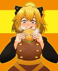 Rule 34 | 1girl, black ribbon, blonde hair, blush, brown dress, brown eyes, burger, buttons, commentary request, dress, food, hair between eyes, hair ribbon, highres, holding, holding food, kide koushin, kurodani yamame, lettuce, licking lips, long sleeves, multicolored background, orange background, ribbon, short hair, simple background, skirt, smile, steam, suspender skirt, suspenders, tongue, tongue out, touhou, upper body, yellow background, yellow ribbon