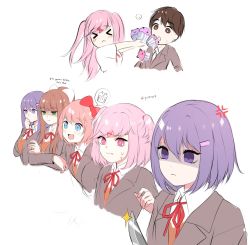 Rule 34 | 1boy, 6+girls, :d, alternate breast size, alternate hair length, alternate hairstyle, anger vein, blue eyes, blush, bow, brown eyes, brown hair, chibi, cropped torso, crossed arms, cupcake, doki doki literature club, dual persona, english text, food, frown, green eyes, hair between eyes, hair bow, hair ornament, hair ribbon, hairclip, hand to own mouth, highres, knife, long hair, monika (doki doki literature club), multiple girls, natsuki (doki doki literature club), open mouth, pink eyes, pink hair, ponytail, potetos7, protagonist (doki doki literature club), purple eyes, purple hair, red bow, ribbon, sayori (doki doki literature club), school uniform, shaded face, short hair, simple background, sketch, smile, spoken object, sweatdrop, twitter username, two side up, white background, white ribbon, wing collar, x&lt;, yandere, yuri (doki doki literature club)